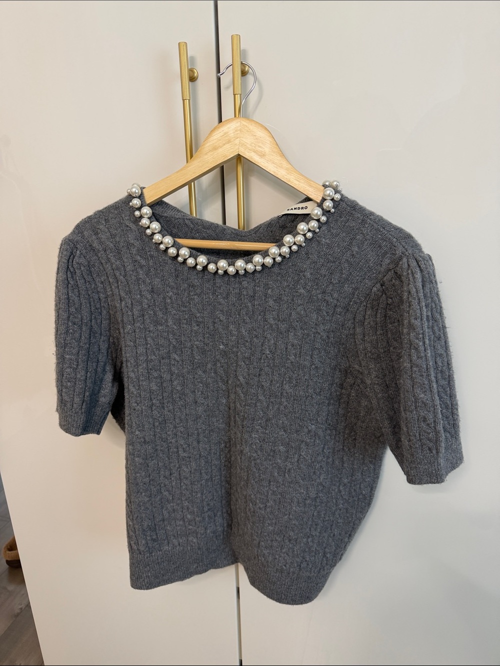 Sandro Gray Cable Knit Sweater with Pearl Collar